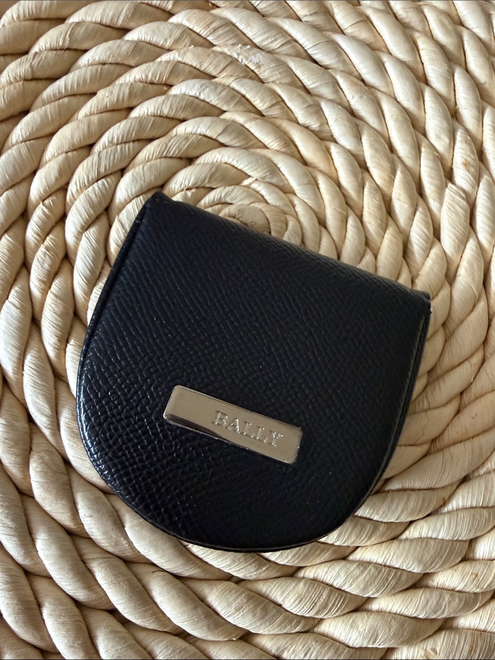 Bally Black Textured Leather Coin Pouch with Silver Plaque
